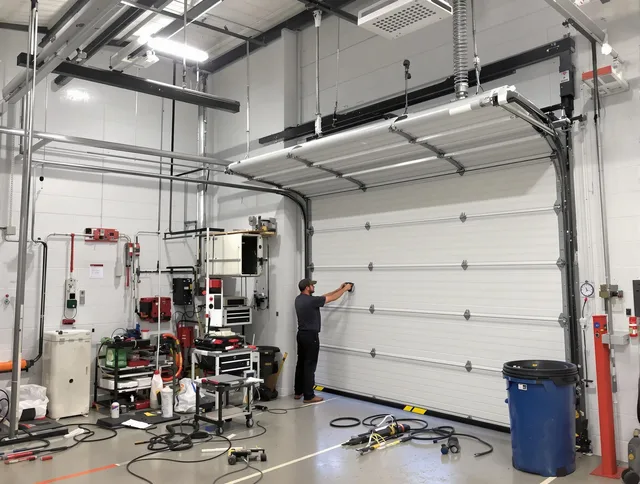 Newington Garage Door Repair certified technician performing commercial door repair at a Newington business facility