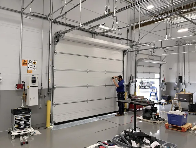 Commercial garage door repair being performed by Newington Garage Door Repair expert in Newington