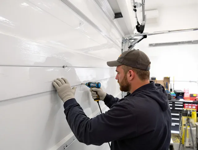 Newington Garage Door Repair technician demonstrating precision dent removal techniques on a Newington garage door