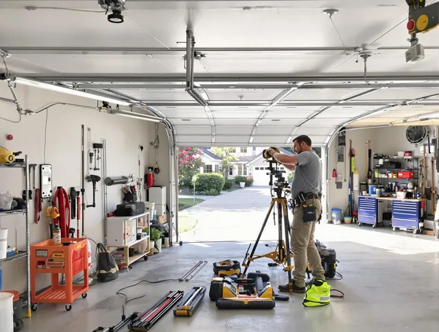 Newington Garage Door Repair specialist performing laser-guided track alignment in Newington